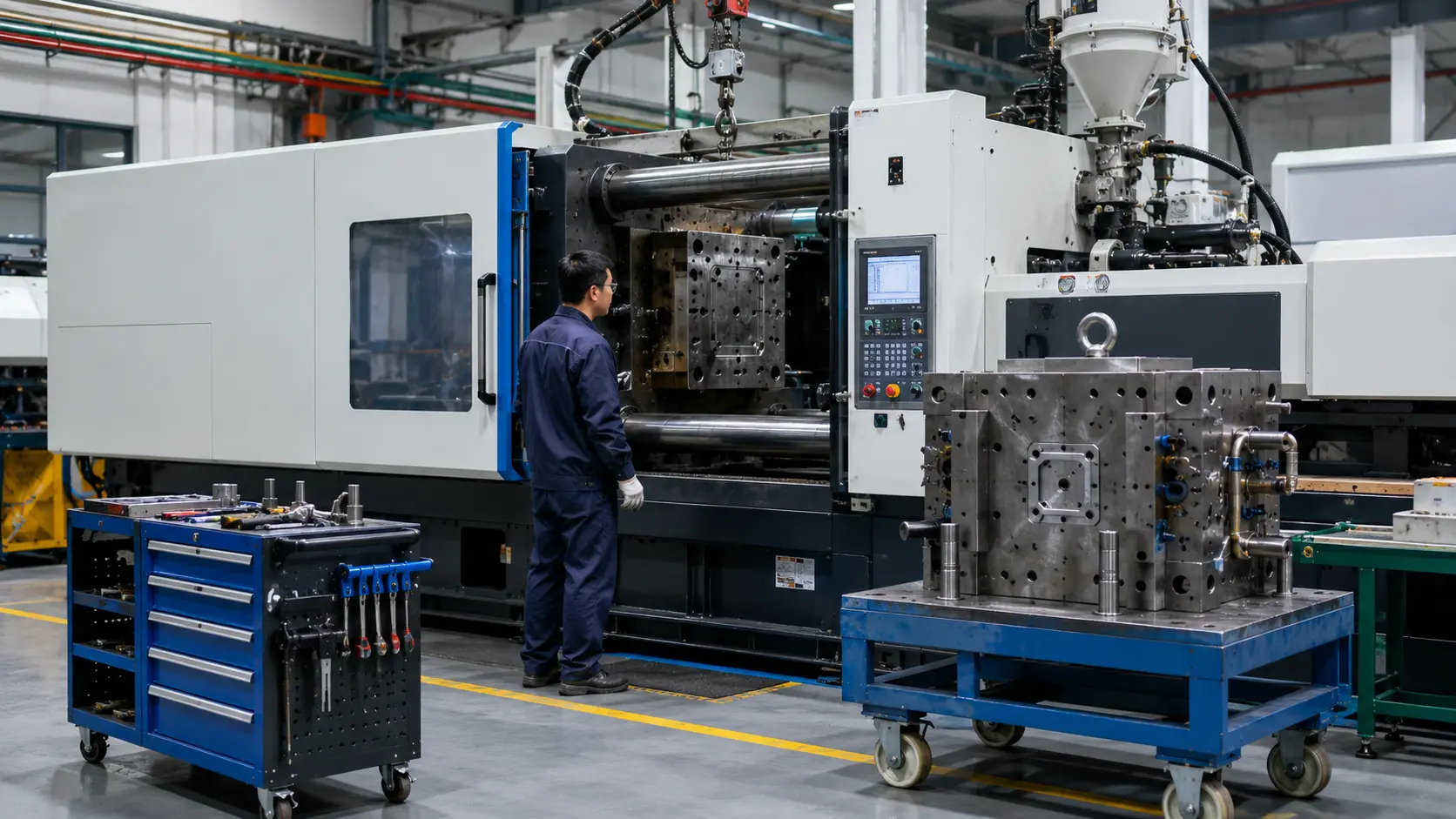 Injection molding workshop for plastic-part production