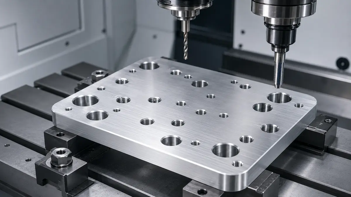 CNC 钻孔与攻牙加工金属零件，适用于安装孔与螺纹孔