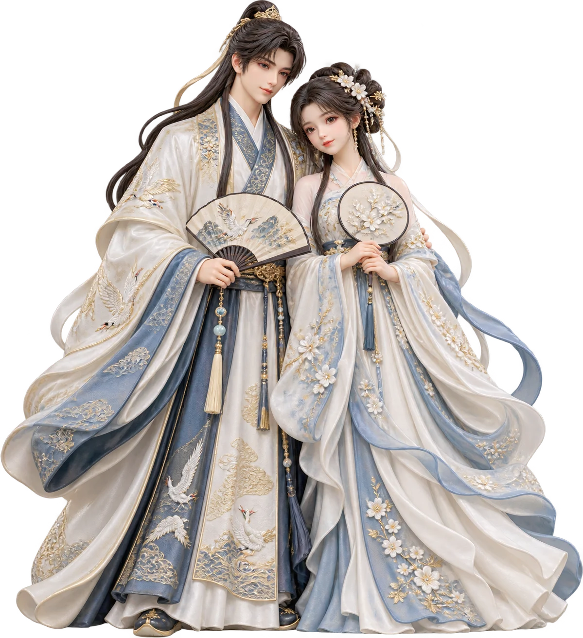 汉服并肩双人公仔透明背景概念产品图
