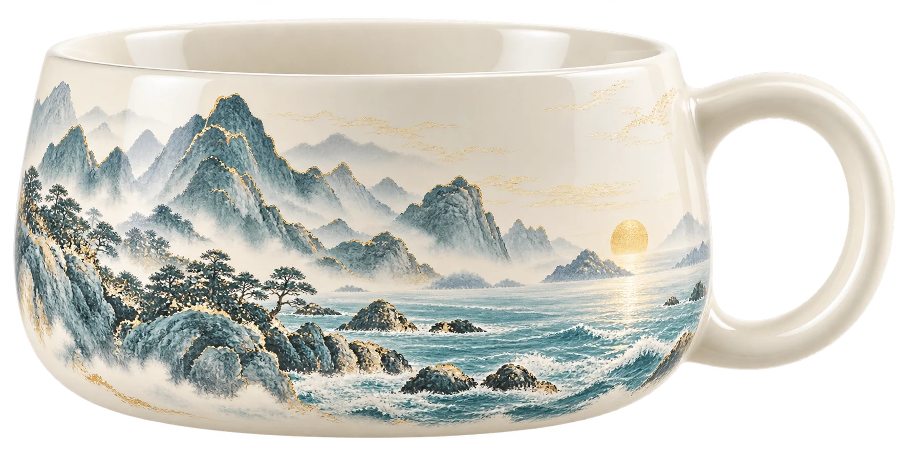山海风景环绕杯透明背景概念产品图