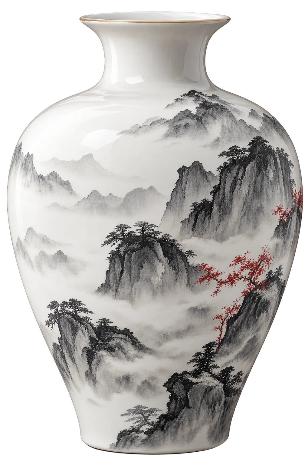 东方水墨白瓷花器透明背景概念产品图