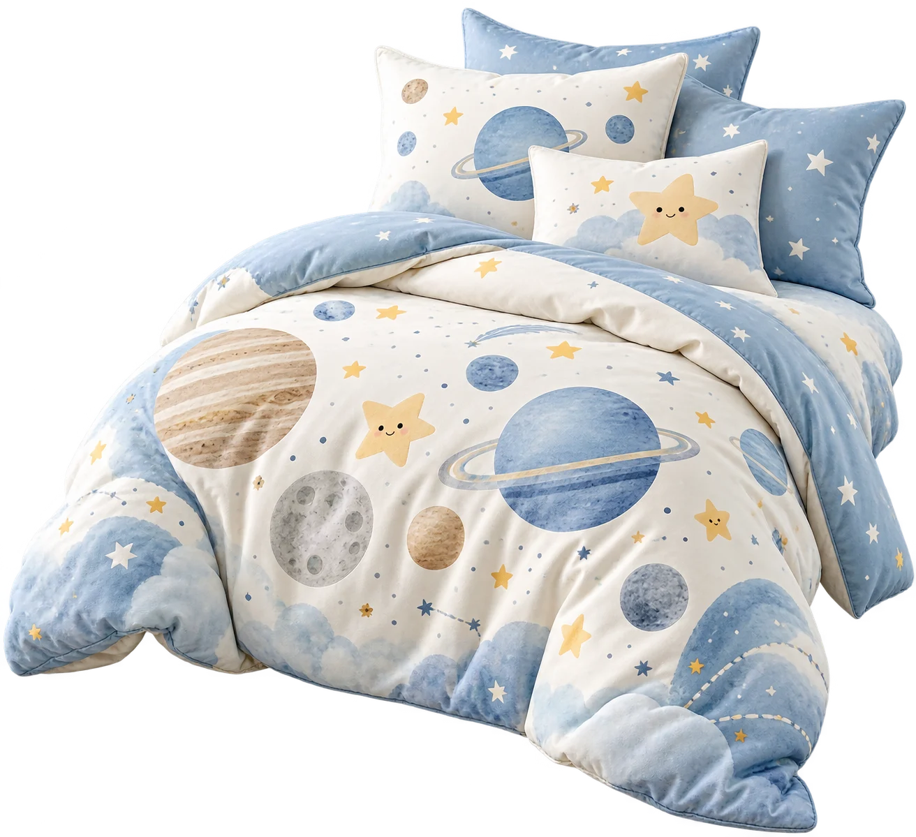儿童手绘星球床品透明背景概念产品图