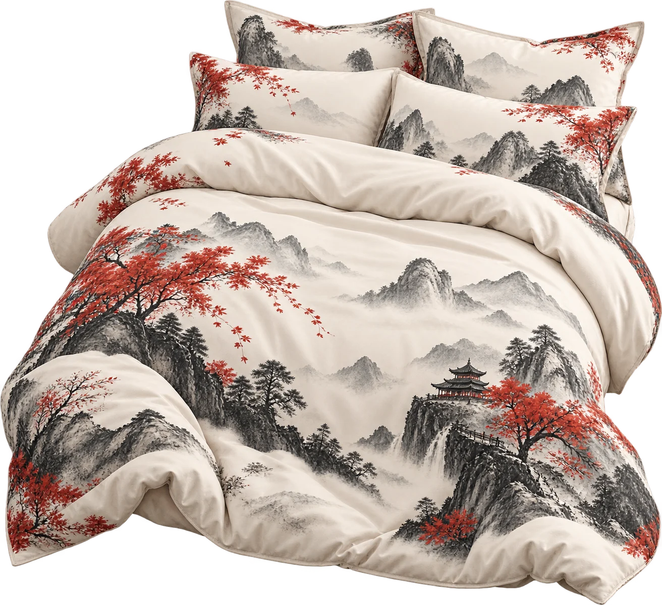 东方山水留白床品透明背景概念产品图