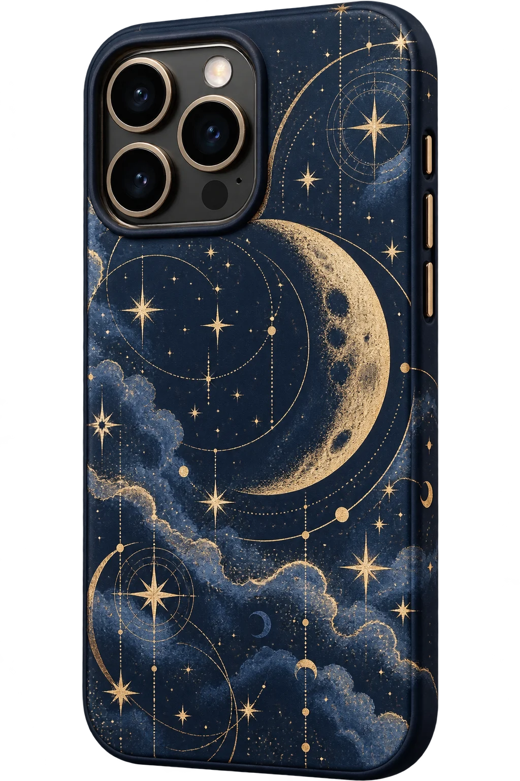 午夜星月图案手机壳透明背景概念产品图