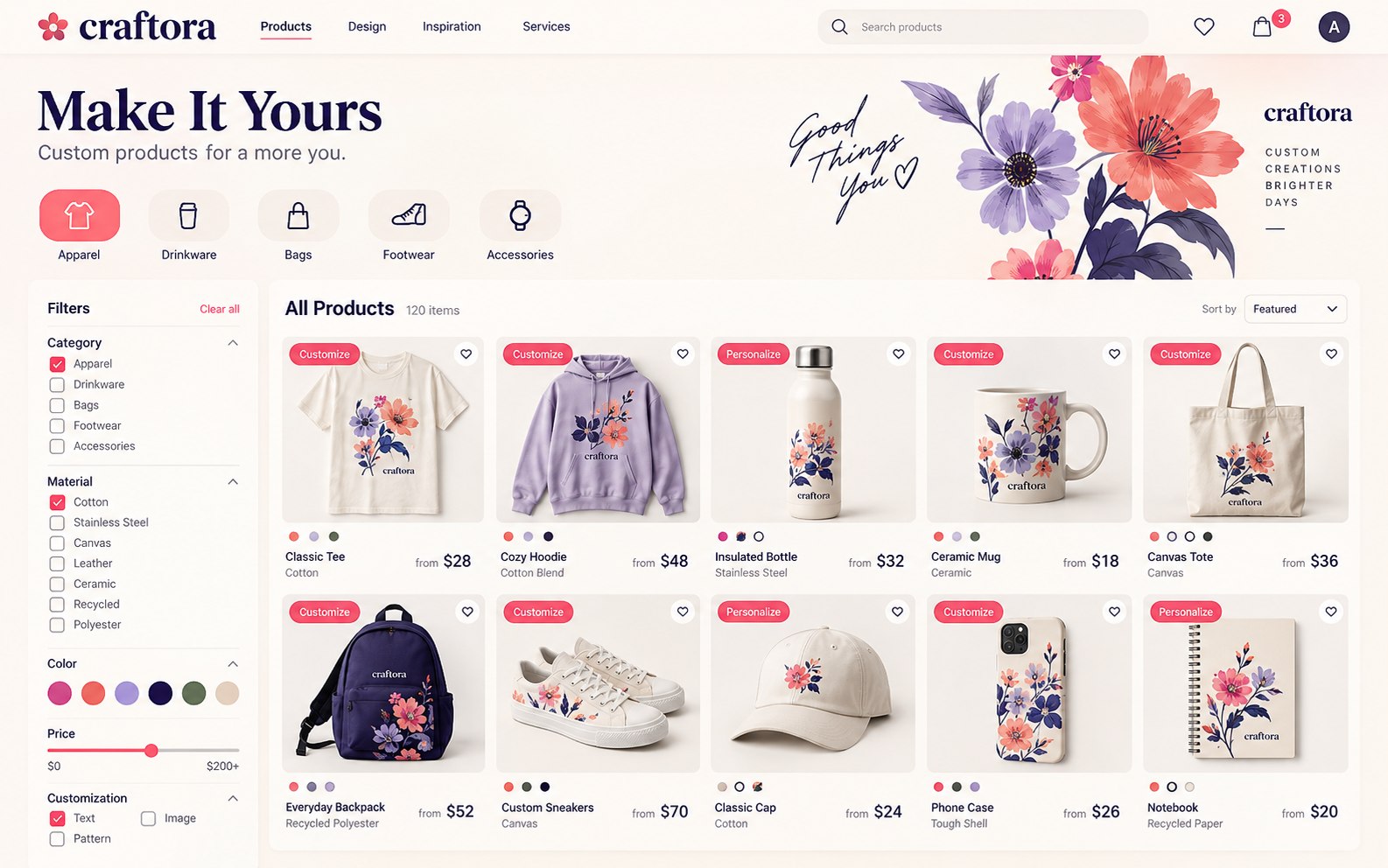 可定制服装、杯具、箱包、鞋类和配件产品服务页面